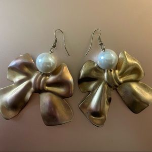 One of a Kind, Handmade Vintage Bow Earrings with Faux Pearl
